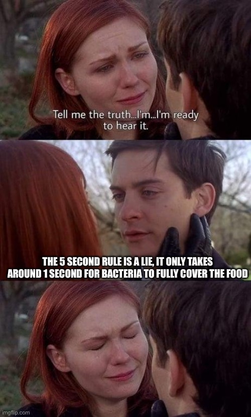 Tell me the truth, I'm ready to hear it |  THE 5 SECOND RULE IS A LIE, IT ONLY TAKES AROUND 1 SECOND FOR BACTERIA TO FULLY COVER THE FOOD | image tagged in tell me the truth i'm ready to hear it,5 second rule,memes,funny,food,bacteria | made w/ Imgflip meme maker