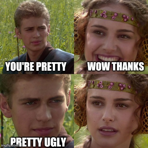 y'all can screenshot if u want :) | YOU'RE PRETTY; WOW THANKS; PRETTY UGLY | image tagged in anakin padme 4 panel | made w/ Imgflip meme maker