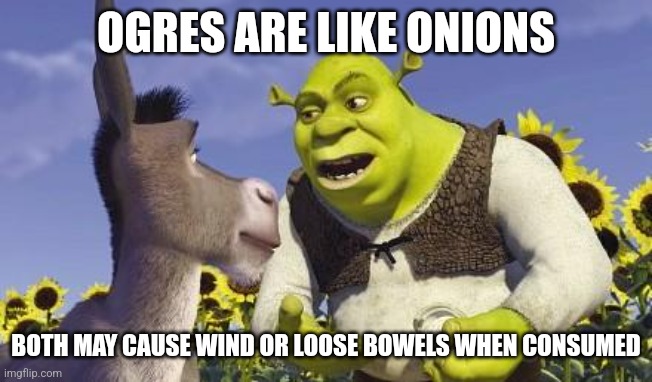 SHREK & ONIONS | OGRES ARE LIKE ONIONS; BOTH MAY CAUSE WIND OR LOOSE BOWELS WHEN CONSUMED | image tagged in shrek onions | made w/ Imgflip meme maker