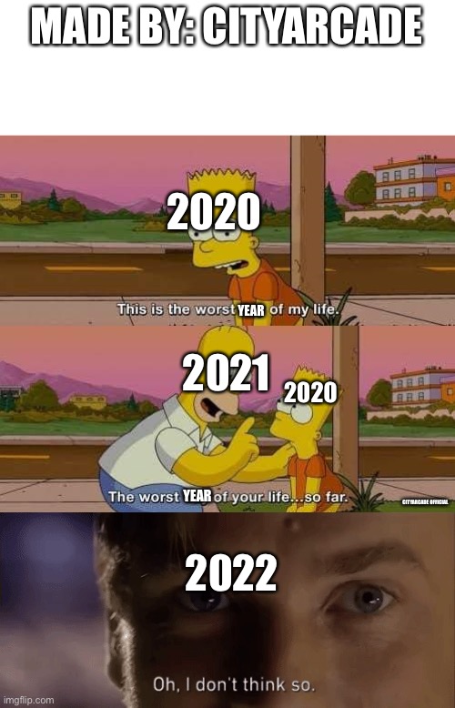  MADE BY: CITYARCADE; 2020; YEAR; 2021; 2020; 2022; YEAR; CITYARCADE OFFICIAL | image tagged in this is the worst day of my life,oh i dont think so | made w/ Imgflip meme maker