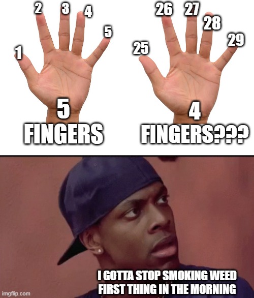 25 to 30  = 5 right ?  riiight? | 2; 3; 26; 27; 4; 28; 5; 29; 25; 1; 4 FINGERS??? 5 FINGERS; I GOTTA STOP SMOKING WEED FIRST THING IN THE MORNING | image tagged in funny memes,too damn high,puzzled,funny meme,crazy | made w/ Imgflip meme maker