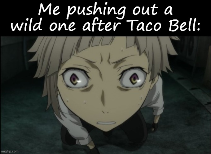 E | Me pushing out a wild one after Taco Bell: | image tagged in blank black | made w/ Imgflip meme maker