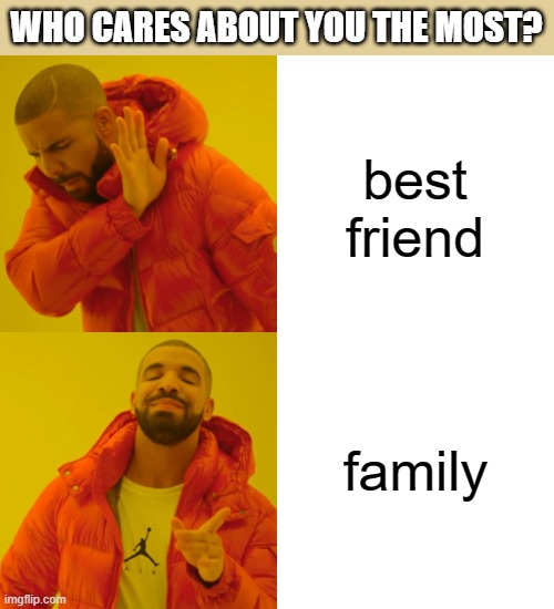 :>>> | WHO CARES ABOUT YOU THE MOST? best friend; family | image tagged in memes,drake hotline bling | made w/ Imgflip meme maker