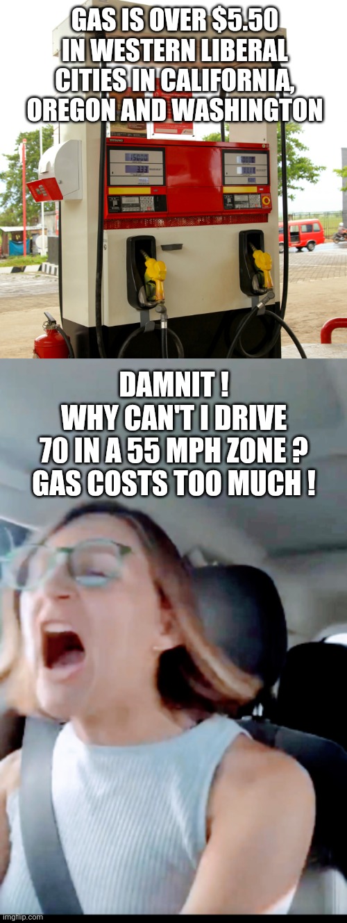 Liberal Lives | GAS IS OVER $5.50 IN WESTERN LIBERAL CITIES IN CALIFORNIA, OREGON AND WASHINGTON; DAMNIT !
WHY CAN'T I DRIVE 70 IN A 55 MPH ZONE ?
GAS COSTS TOO MUCH ! | image tagged in liberals,democrats,joe biden,fuel,russia,vote | made w/ Imgflip meme maker