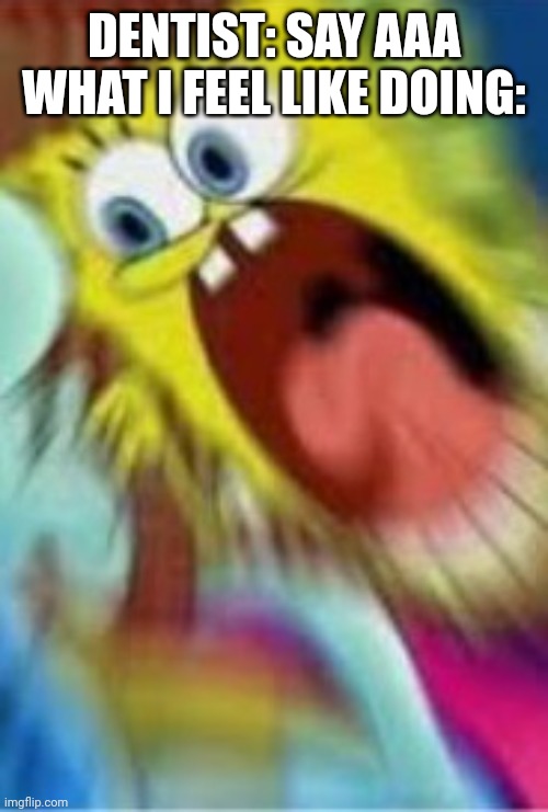 Yelling Spongebob | DENTIST: SAY AAA
WHAT I FEEL LIKE DOING: | image tagged in yelling spongebob | made w/ Imgflip meme maker