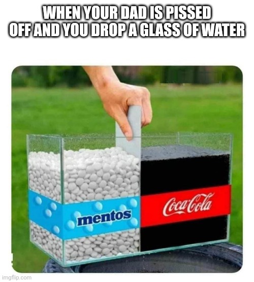 Mentos and Coke | WHEN YOUR DAD IS PISSED OFF AND YOU DROP A GLASS OF WATER | image tagged in mentos and coke | made w/ Imgflip meme maker