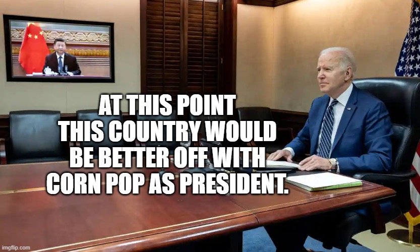 Clueless Biden | AT THIS POINT THIS COUNTRY WOULD BE BETTER OFF WITH CORN POP AS PRESIDENT. | image tagged in biden,idiot president,corn pop | made w/ Imgflip meme maker