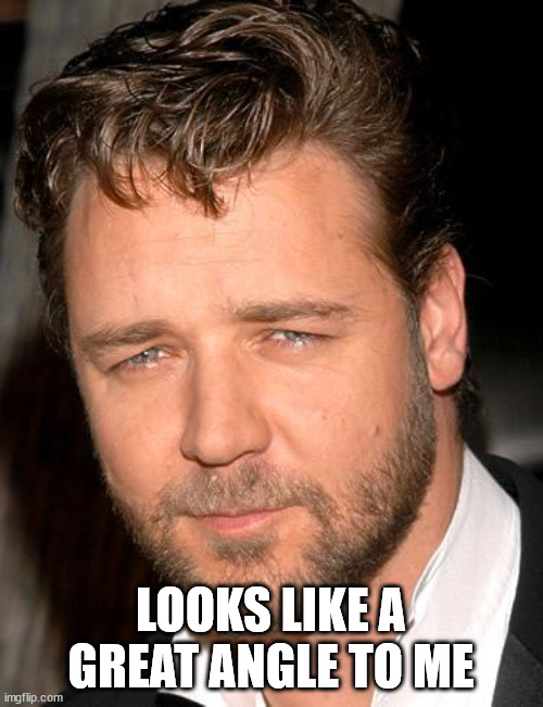 russell crowe | LOOKS LIKE A GREAT ANGLE TO ME | image tagged in russell crowe | made w/ Imgflip meme maker