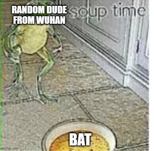 how covid started | RANDOM DUDE FROM WUHAN; BAT | image tagged in soup time | made w/ Imgflip meme maker