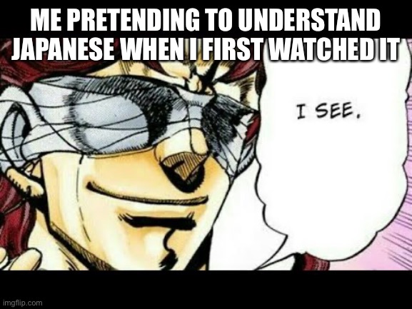 E | ME PRETENDING TO UNDERSTAND JAPANESE WHEN I FIRST WATCHED IT | image tagged in kakyoin i see | made w/ Imgflip meme maker