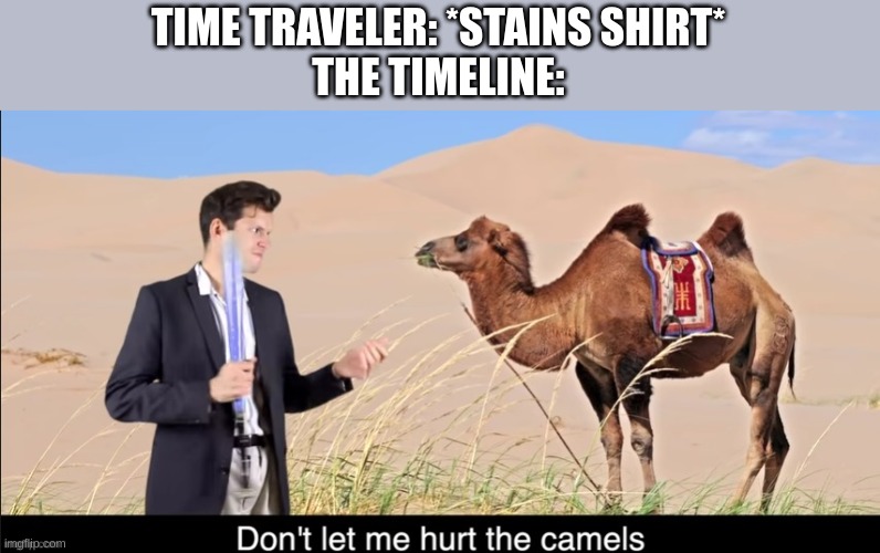 D O N T L E T H I M |  TIME TRAVELER: *STAINS SHIRT*
THE TIMELINE: | image tagged in google images,dont let me hurt the camels | made w/ Imgflip meme maker