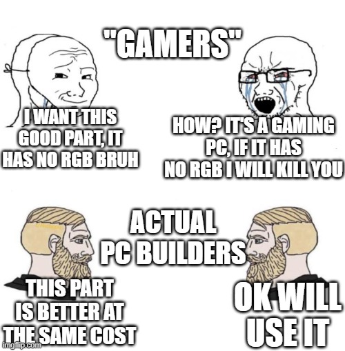 gamers are ruining r/buildapc | "GAMERS"; I WANT THIS GOOD PART, IT HAS NO RGB BRUH; HOW? IT'S A GAMING PC, IF IT HAS NO RGB I WILL KILL YOU; ACTUAL PC BUILDERS; THIS PART IS BETTER AT THE SAME COST; OK WILL USE IT | image tagged in chad we know | made w/ Imgflip meme maker