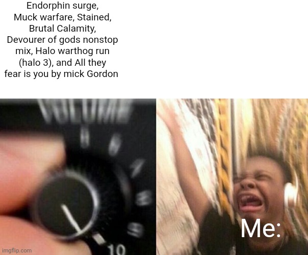 Mainly Endorphin surge or Stained, Brutal Calamity are what I mainly listen to but Raw, Unfiltered Calamity is ok as well | Endorphin surge, Muck warfare, Stained, Brutal Calamity, Devourer of gods nonstop mix, Halo warthog run (halo 3), and All they fear is you by mick Gordon; Me: | image tagged in turn up the music | made w/ Imgflip meme maker