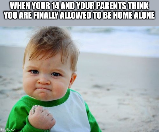 Success Kid Original Meme | WHEN YOUR 14 AND YOUR PARENTS THINK YOU ARE FINALLY ALLOWED TO BE HOME ALONE | image tagged in memes,success kid original | made w/ Imgflip meme maker
