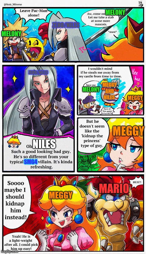 Creddit Go to stoic seraphim for the comic  ( meanwhile in a Alternative timelin | MELONY; ZERO/NILES; MELONY; ZERO/NILES; MEGGY AND NILES; MEGGY; MELONY; MEGGY; NILES; SMG4; MARIO; MEGGY | image tagged in smg4,super smash bros | made w/ Imgflip meme maker