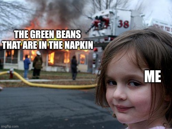 I aTe tHeM aLL | THE GREEN BEANS THAT ARE IN THE NAPKIN; ME | image tagged in memes,disaster girl | made w/ Imgflip meme maker