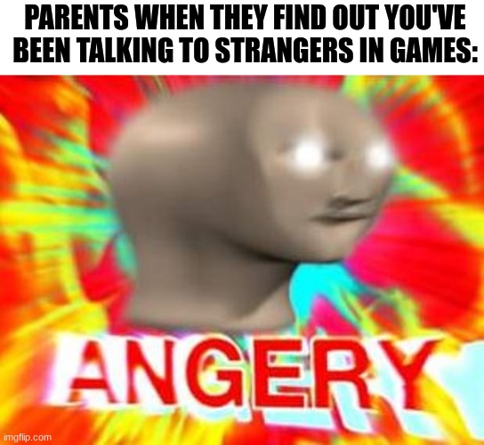 How many people think this is true? | PARENTS WHEN THEY FIND OUT YOU'VE BEEN TALKING TO STRANGERS IN GAMES: | image tagged in surreal angery,parents,bruh,memes,relatable,online games | made w/ Imgflip meme maker
