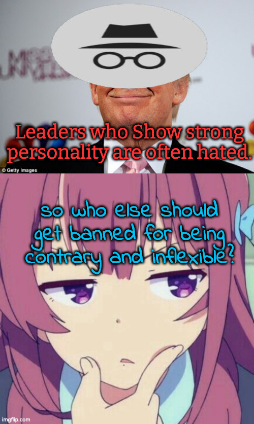 Things that make you go hmmm. . . | Leaders who Show strong personality are often hated. so who else should get banned for being contrary and inflexible? | image tagged in donald trump approves,animegirl-thinking | made w/ Imgflip meme maker