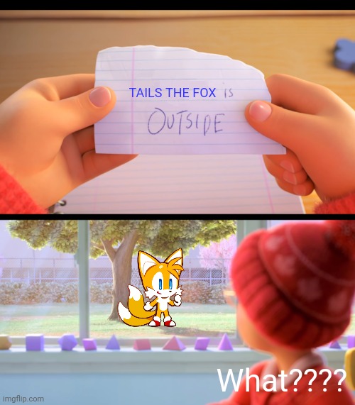 Tails The Fox is Outside | TAILS THE FOX; What???? | image tagged in x is outside,tails the fox | made w/ Imgflip meme maker