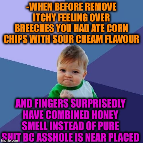-Hah, really? | -WHEN BEFORE REMOVE ITCHY FEELING OVER BREECHES YOU HAD ATE CORN CHIPS WITH SOUR CREAM FLAVOUR; AND FINGERS SURPRISEDLY HAVE COMBINED HONEY SMELL INSTEAD OF PURE SHIT BC ASSHOLE IS NEAR PLACED | image tagged in memes,success kid,asshole,toilet humor,yes honey,i love the smell of napalm in the morning | made w/ Imgflip meme maker