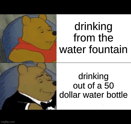 Tuxedo Winnie The Pooh | drinking from the water fountain; drinking out of a 50 dollar water bottle | image tagged in memes,tuxedo winnie the pooh | made w/ Imgflip meme maker