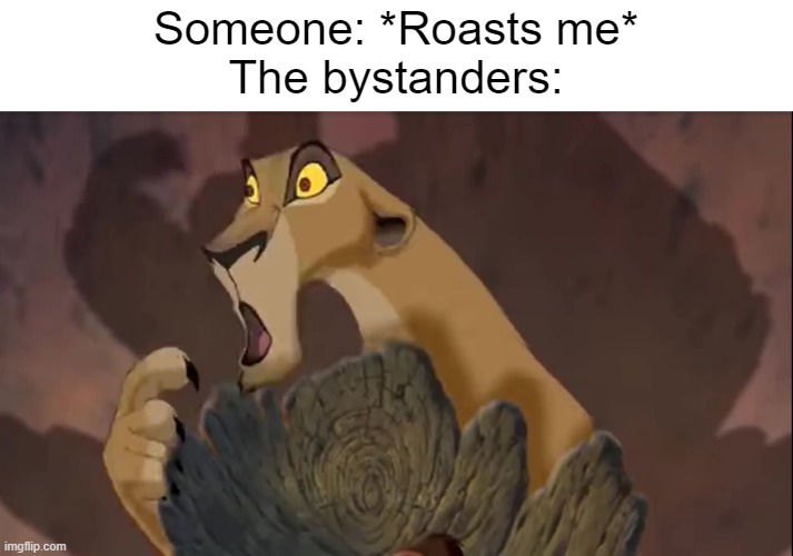 Bystanders in a Nutshell |  Someone: *Roasts me*
The bystanders: | image tagged in the lion king,roasted,relatable | made w/ Imgflip meme maker