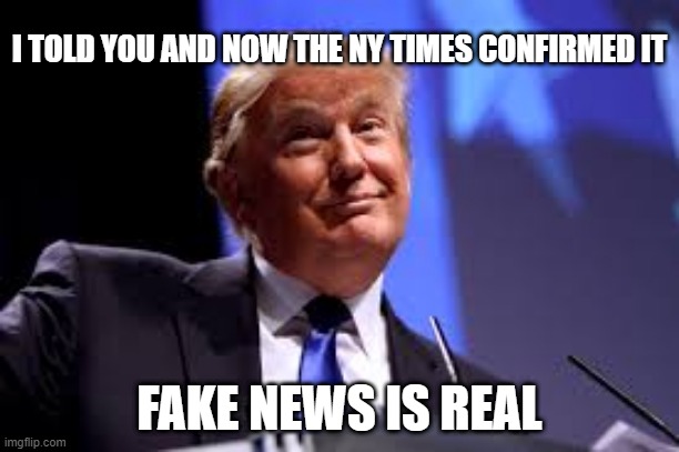 Donal trump |  I TOLD YOU AND NOW THE NY TIMES CONFIRMED IT; FAKE NEWS IS REAL | image tagged in donal trump | made w/ Imgflip meme maker