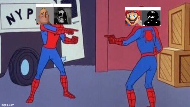 These memes always seemed similar to me | image tagged in spiderman pointing at spiderman,normal and dark mr incredibles,happy mario vs dark mario | made w/ Imgflip meme maker