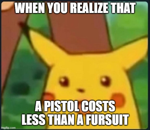 damn these furries are capitalistic af :skull: | WHEN YOU REALIZE THAT; A PISTOL COSTS LESS THAN A FURSUIT | image tagged in surprised pikachu | made w/ Imgflip meme maker