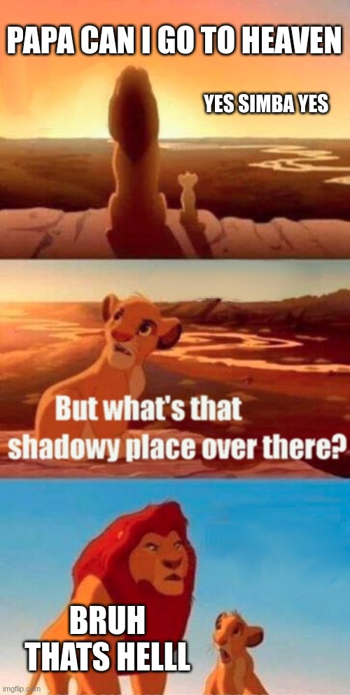 Simba Shadowy Place | PAPA CAN I GO TO HEAVEN; YES SIMBA YES; BRUH THATS HELLL | image tagged in memes,simba shadowy place | made w/ Imgflip meme maker