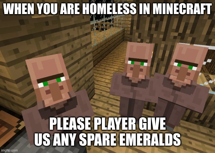 Minecraft Villagers | WHEN YOU ARE HOMELESS IN MINECRAFT; PLEASE PLAYER GIVE US ANY SPARE EMERALDS | image tagged in minecraft villagers | made w/ Imgflip meme maker