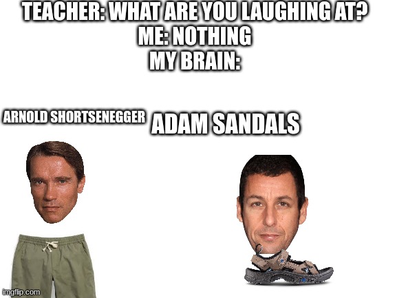 nice | TEACHER: WHAT ARE YOU LAUGHING AT?
ME: NOTHING
MY BRAIN:; ADAM SANDALS; ARNOLD SHORTSENEGGER | image tagged in blank white template | made w/ Imgflip meme maker