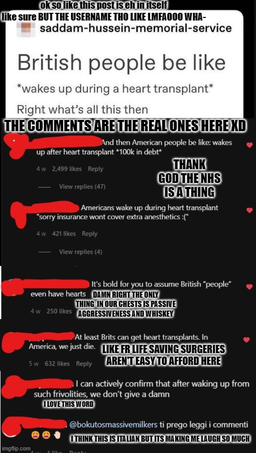 ok so like this post is eh in itself like sure BUT THE USERNAME THO LIKE LMFAOOO WHA-; THE COMMENTS ARE THE REAL ONES HERE XD; THANK GOD THE NHS IS A THING; DAMN RIGHT THE ONLY THING  IN OUR CHESTS IS PASSIVE AGGRESSIVENESS AND WHISKEY; LIKE FR LIFE SAVING SURGERIES AREN'T EASY TO AFFORD HERE; I LOVE THIS WORD; I THINK THIS IS ITALIAN BUT ITS MAKING ME LAUGH SO MUCH | made w/ Imgflip meme maker