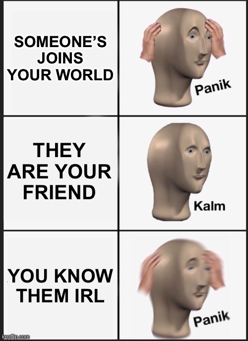 Panik Kalm Panik Meme | SOMEONE’S JOINS YOUR WORLD; THEY ARE YOUR FRIEND; YOU KNOW THEM IRL | image tagged in memes,panik kalm panik | made w/ Imgflip meme maker