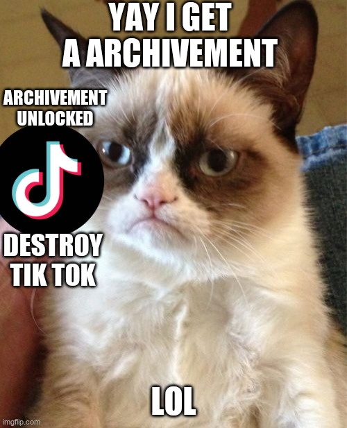 finally someone did this archivement | YAY I GET A ARCHIVEMENT; ARCHIVEMENT UNLOCKED; DESTROY TIK TOK; LOL | image tagged in memes,grumpy cat | made w/ Imgflip meme maker