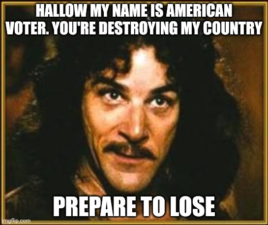 princess bride | HALLOW MY NAME IS AMERICAN VOTER. YOU'RE DESTROYING MY COUNTRY; PREPARE TO LOSE | image tagged in princess bride | made w/ Imgflip meme maker