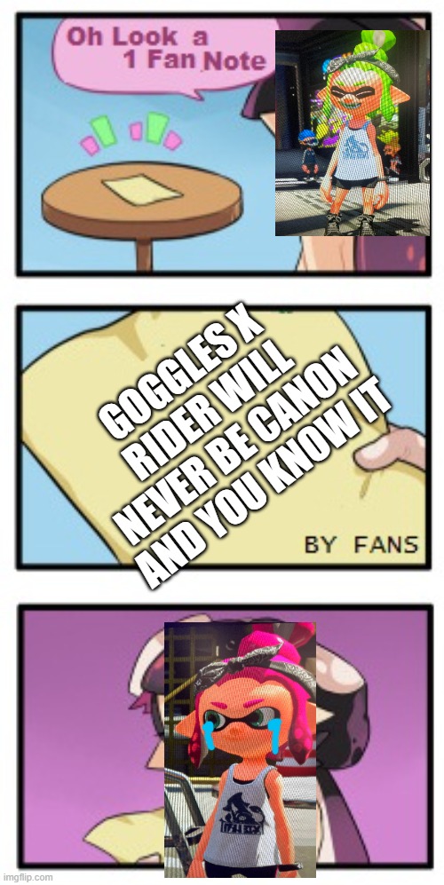 :( | GOGGLES X RIDER WILL NEVER BE CANON AND YOU KNOW IT | image tagged in splatoon - sad writing note | made w/ Imgflip meme maker