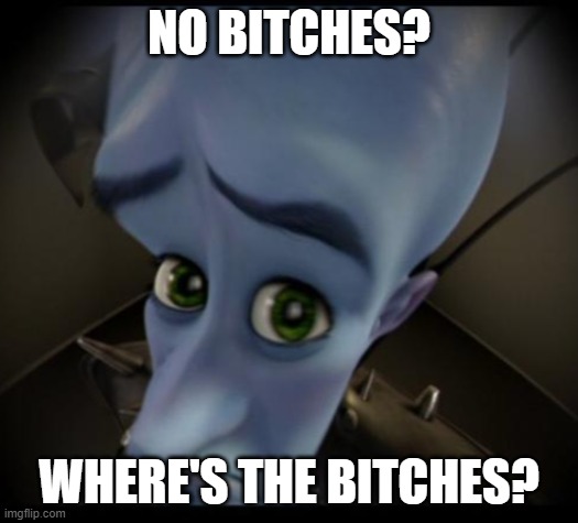 Megamind peeking | NO BITCHES? WHERE'S THE BITCHES? | image tagged in no bitches | made w/ Imgflip meme maker