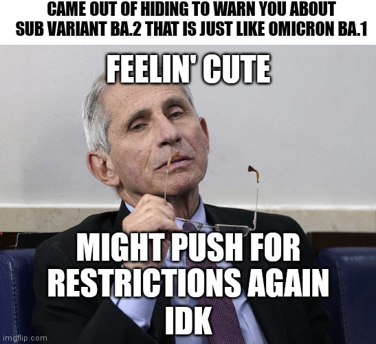 Don't let them get away with it | CAME OUT OF HIDING TO WARN YOU ABOUT SUB VARIANT BA.2 THAT IS JUST LIKE OMICRON BA.1; FEELIN' CUTE; MIGHT PUSH FOR RESTRICTIONS AGAIN; IDK | image tagged in dr fauci,omicron,covid-19,democrats,cdc | made w/ Imgflip meme maker