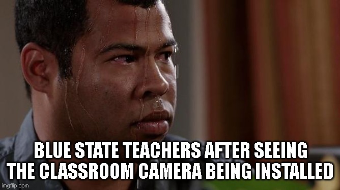 sweating bullets | BLUE STATE TEACHERS AFTER SEEING THE CLASSROOM CAMERA BEING INSTALLED | image tagged in sweating bullets | made w/ Imgflip meme maker
