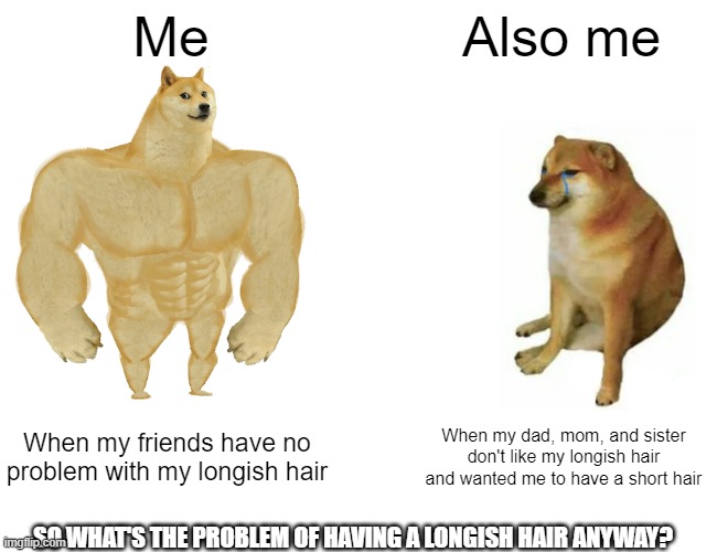 Me and also me: Longish hair | Me; Also me; When my friends have no problem with my longish hair; When my dad, mom, and sister don't like my longish hair and wanted me to have a short hair; SO WHAT'S THE PROBLEM OF HAVING A LONGISH HAIR ANYWAY? | image tagged in memes,buff doge vs cheems | made w/ Imgflip meme maker
