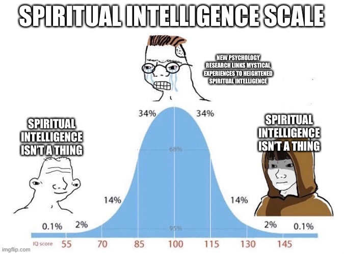 Bell Curve | SPIRITUAL INTELLIGENCE SCALE; NEW PSYCHOLOGY RESEARCH LINKS MYSTICAL EXPERIENCES TO HEIGHTENED SPIRITUAL INTELLIGENCE; SPIRITUAL INTELLIGENCE ISN’T A THING; SPIRITUAL INTELLIGENCE ISN’T A THING | image tagged in bell curve | made w/ Imgflip meme maker