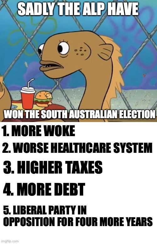why ditch the liberals? | SADLY THE ALP HAVE; WON THE SOUTH AUSTRALIAN ELECTION; 1. MORE WOKE; 2. WORSE HEALTHCARE SYSTEM; 3. HIGHER TAXES; 4. MORE DEBT; 5. LIBERAL PARTY IN OPPOSITION FOR FOUR MORE YEARS | image tagged in sadly i am only an eel,woke,healthcare,taxes,debt,liberalism | made w/ Imgflip meme maker