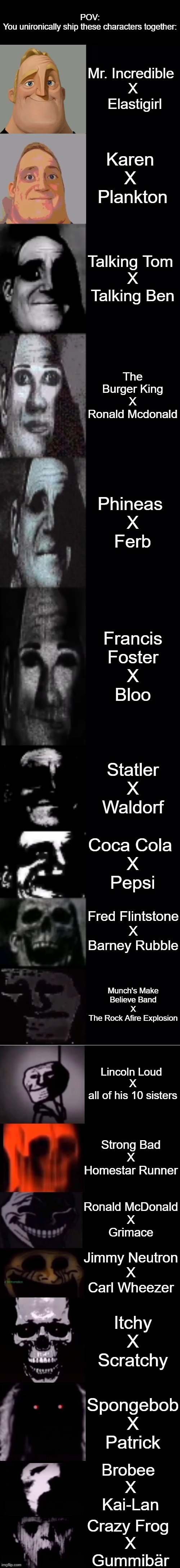 mr incredible becoming uncanny 1st extension | POV:
You unironically ship these characters together:; Mr. Incredible 
X
 Elastigirl; Karen 
X 
Plankton; Talking Tom 
X
Talking Ben; The Burger King
X
Ronald Mcdonald; Phineas 
X
Ferb; Francis Foster
X
Bloo; Statler
X
Waldorf; Coca Cola 
X
Pepsi; Fred Flintstone
X
Barney Rubble; Munch's Make Believe Band
X
The Rock Afire Explosion; Lincoln Loud 
X
all of his 10 sisters; Strong Bad
X
Homestar Runner; Ronald McDonald
X
Grimace; Jimmy Neutron
X
Carl Wheezer; Itchy
X
Scratchy; Spongebob
X
Patrick; Brobee 
X
Kai-Lan; Crazy Frog 
X
Gummibär | image tagged in mr incredible becoming uncanny 1st extension,memes,shipping,weird,funny | made w/ Imgflip meme maker