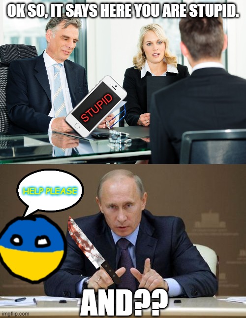 Putin job interview | OK SO, IT SAYS HERE YOU ARE STUPID. STUPID; HELP PLEASE; AND?? | image tagged in job interview,memes,vladimir putin | made w/ Imgflip meme maker