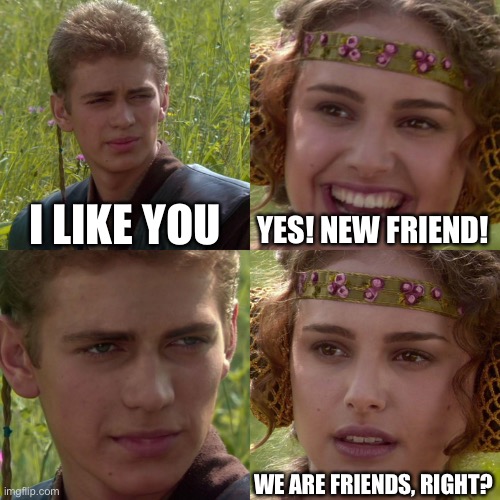 Awkward | I LIKE YOU; YES! NEW FRIEND! WE ARE FRIENDS, RIGHT? | image tagged in anakin padme 4 panel | made w/ Imgflip meme maker