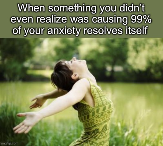 That moment when relief | When something you didn’t even realize was causing 99% of your anxiety resolves itself | image tagged in that moment when relief | made w/ Imgflip meme maker
