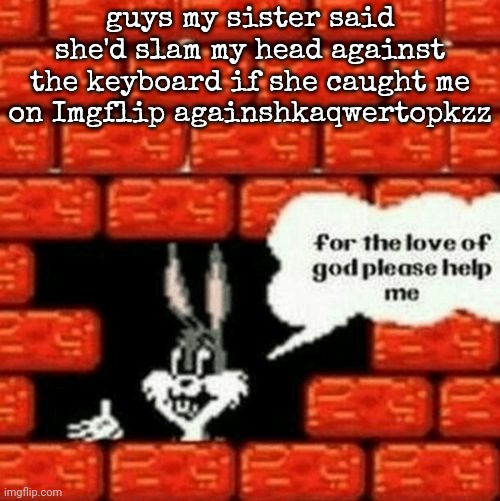 for the love of god please help me | guys my sister said she'd slam my head against the keyboard if she caught me on Imgflip againshkaqwertopkzz | image tagged in for the love of god please help me | made w/ Imgflip meme maker