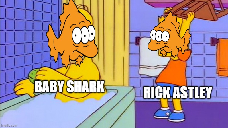 Rick Astley vs. Baby shark Blinky edition | RICK ASTLEY; BABY SHARK | image tagged in bart hitting homer with a chair | made w/ Imgflip meme maker