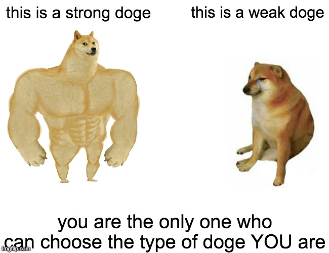 only you can choose your destiny | this is a strong doge; this is a weak doge; you are the only one who can choose the type of doge YOU are | image tagged in memes,buff doge vs cheems,motivational,doge,cute,funny | made w/ Imgflip meme maker